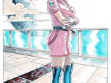 an image of a woman in a pink dress and boots standing in front of a plane