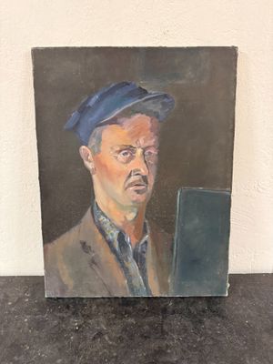 painting of a man with a blue beret looking at a mirror