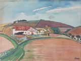 an oil painting of a farm with a fence and a house in the distance