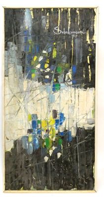 une peinture abstraite de fleurs bleues et vertes dans un cadre blanc
