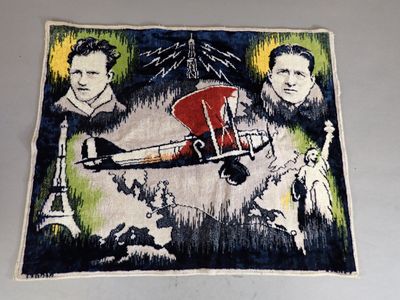 a picture of a painting of a plane with people around it