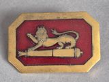 a close up of a gold and red badge with a lion on it
