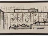 drawing of a drawing of a room with a bed and a table