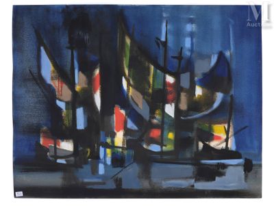 peinture abstraite de bateaux dans un port la nuit avec ciel bleu