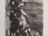 an image of a black and white drawing of a woman and a dog