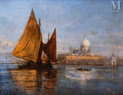 une peinture représentant un bateau sur l'eau, avec un bâtiment en arrière-plan