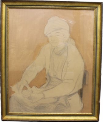 painting of a woman sitting in a chair with a white turban on her head