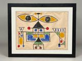 une peinture représentant une image d'un bâtiment sur lequel est dessiné un visage