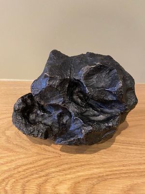 a close up of a black rock on a wooden table