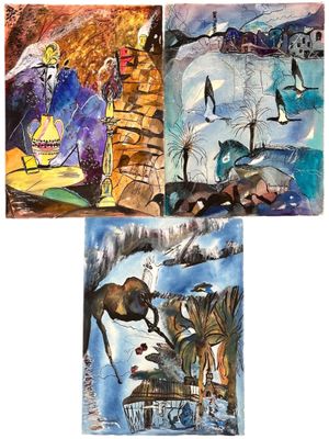 quatre tableaux différents représentant des personnes et des animaux sur fond blanc