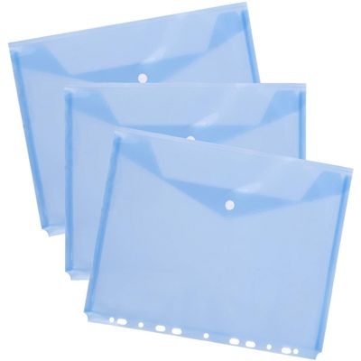 three blue plastic envelopes on a white background