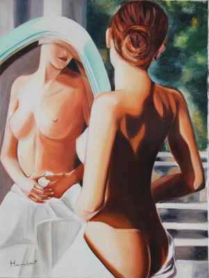 un tableau représentant une femme qui se regarde dans le miroir