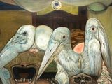 tableau représentant trois pélicans assis sur une table, avec un crâne devant eux