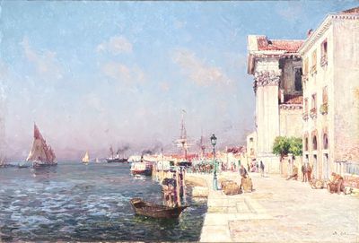 une peinture d'un bateau dans l'eau près d'un bâtiment
