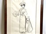 un vieux dessin représentant une femme en robe et avec un chapeau