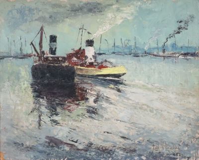 a painting of a boat on a body of water