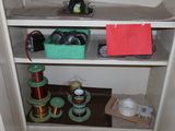 a shelf with various items on it in a room