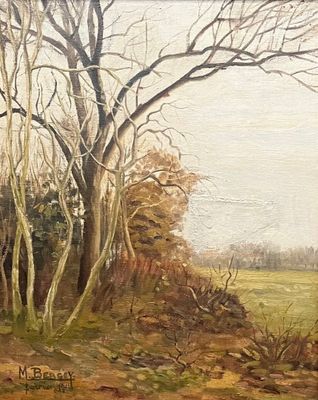 une peinture à l'huile représentant un champ avec des arbres au premier plan