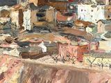 painting of a view of a town from a hill with a sky background
