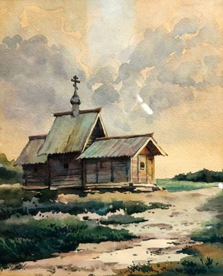 tableau représentant une vieille église en bois dans un champ, avec le ciel en arrière-plan
