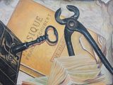 a painting of a pair of scissors sitting on a pile of books