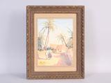 an image of a painting of a desert scene with palm trees