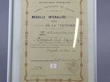 un ancien certificat est représenté dans un cadre blanc sur fond gris
