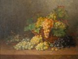 an oil painting of grapes in a basket on a table