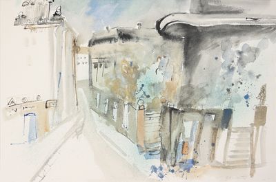 une aquarelle représentant une scène de rue avec des bâtiments et une tour horloge
