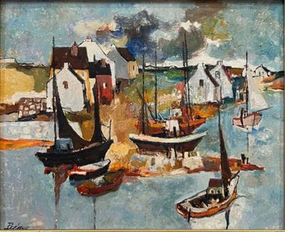 a painting of a harbor scene with boats on the water