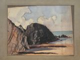 an image of a painting of a beach with rocks and a body of water