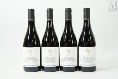 quatre bouteilles de vin sont alignées sur une surface blanche