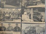 plusieurs vieilles photos en noir et blanc représentant des personnes et des véhicules dans une pièce