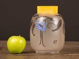 an apple next to a glass jar with a picture of a bird on it