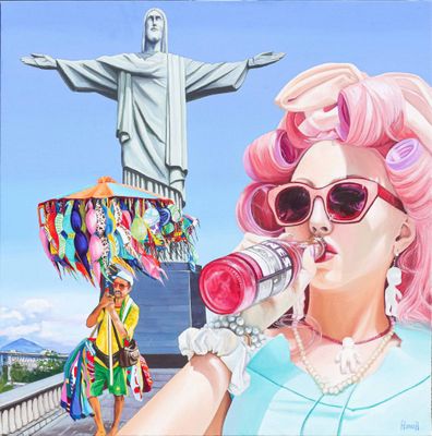 a painting of a woman with pink hair drinking from a bottle