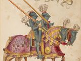 un vieux livre sur lequel figure le dessin d'un chevalier à cheval