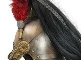 a helmet with a long black hair on top of it