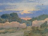 an image of a painting of cows grazing in a field at sunset