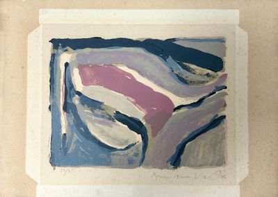 an image of a painting of a woman ' s face in a blue, pink, and white frame