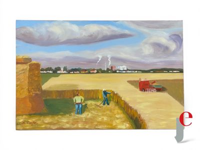 un tableau représentant deux hommes travaillant dans un champ