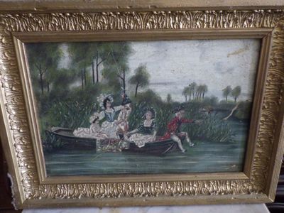 a painting of people in a boat on the water
