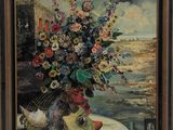 painting of a vase of flowers on a plate with a pair of shoes