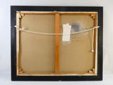 an old picture frame with a piece of paper hanging on a rope