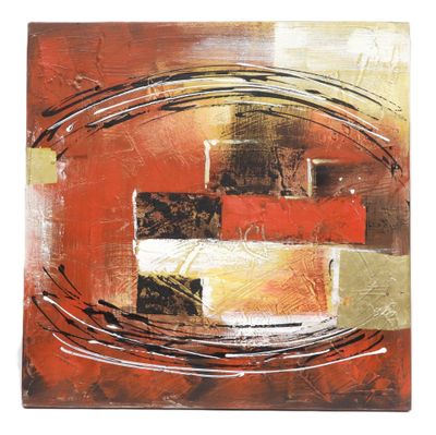 une peinture représentant une œuvre abstraite rouge et jaune sur fond blanc