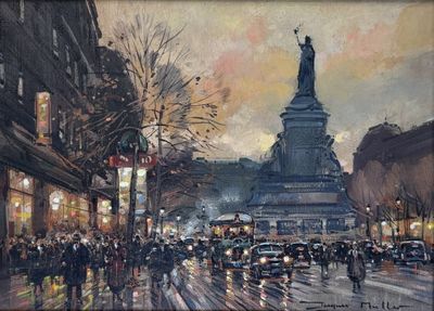 painting of a busy city street with a statue in the background