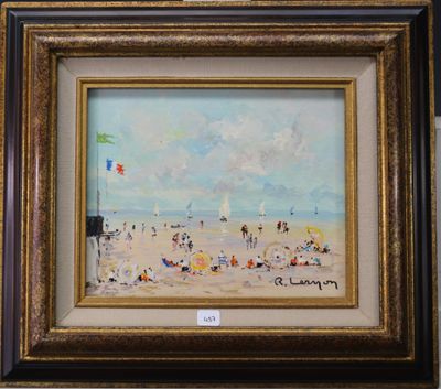 une peinture à l'huile représentant une scène de plage avec des gens sur le sable