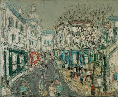 l'image d'une peinture représentant une rue de la ville avec des gens qui y marchent