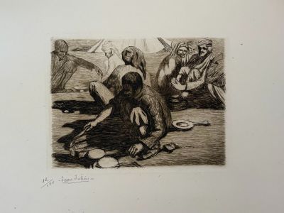 an image of a drawing of a woman sitting on the ground next to other people