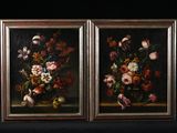 two paintings of flowers in a vase on a table