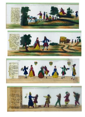 three different views of a painting of people on a field